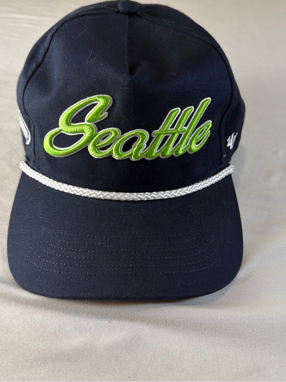 47 Men’s Navy Cap with Lime Seattle Script and Silver Rope